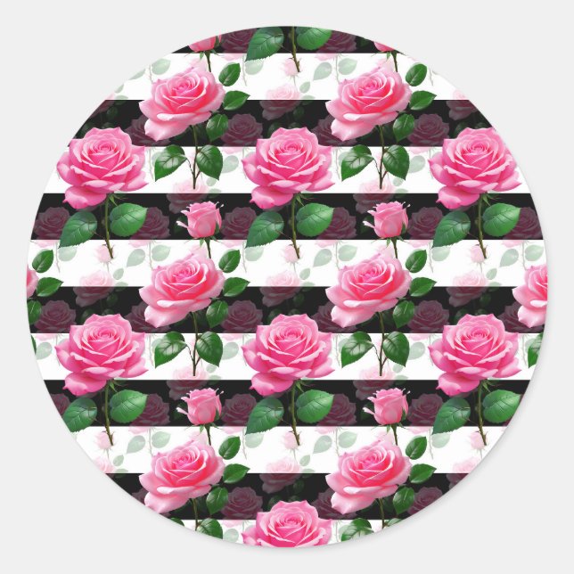 Striped Background Rose Flower Pattern Design  Classic Round Sticker (Front)