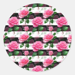 Striped Background Rose Flower Pattern Design Classic Round Sticker