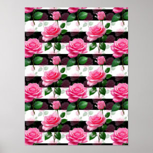 Striped Background Rose Flower Pattern Design Poster
