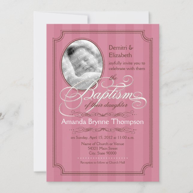 Striped Baptism Invitation (Dark Pink) (Front)