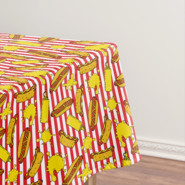 Striped Baseball Ballpark Hot Dogs Mustard Pattern Tablecloth (In Situ)