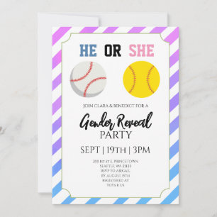 Striped Baseball Or Softball Gender Reveal Party Invitation