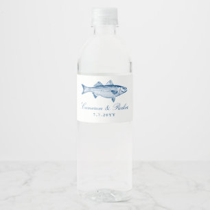 Striped Bass Navy Blue Fish Wedding Favor Water Bottle Label