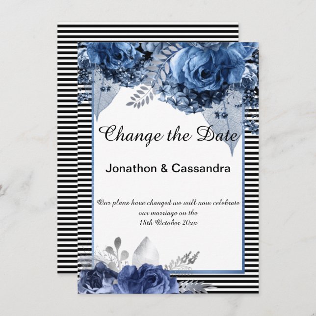 STRIPED BLACK BLUE FLORAL BORDER CHANGE THE DATE (Front/Back)