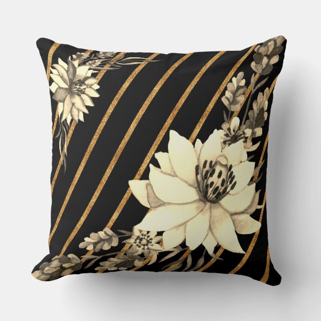 Striped Black Gold with White Rose Throw Pillow (Front)