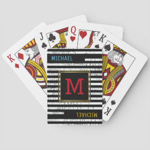 striped black playing cards with name & initial