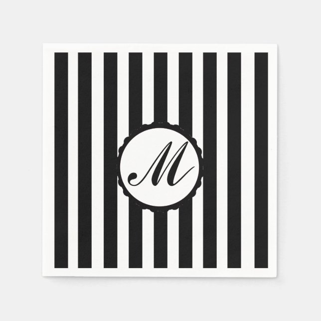 Striped Black White Custom Monogram Paper Napkins (Front)