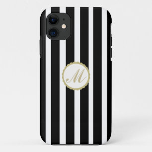 Striped Black White Gold Monogram iPhone Case