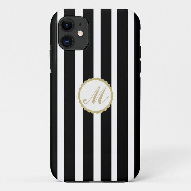 Striped Black White Gold Monogram iPhone Case (Back)