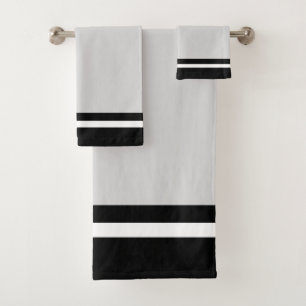 Striped Black & White on Light Silver Grey Bath Towel Set