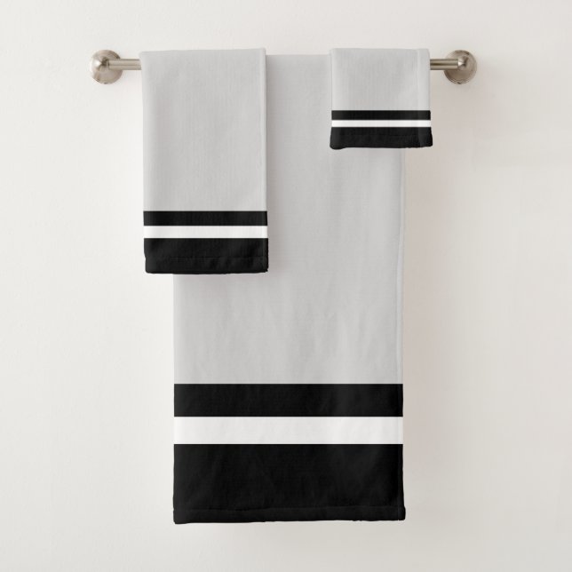 Striped Black & White on Light Silver Grey Bath Towel Set (Insitu)