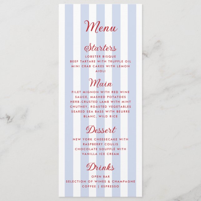 Striped Blue and Red Wedding Menu (Front)