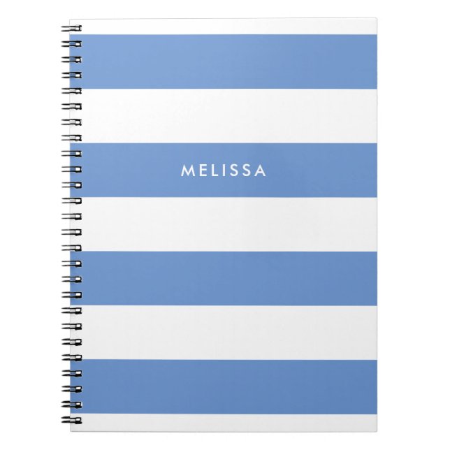 Striped Blue and White Modern Minimalist Name Notebook (Front)
