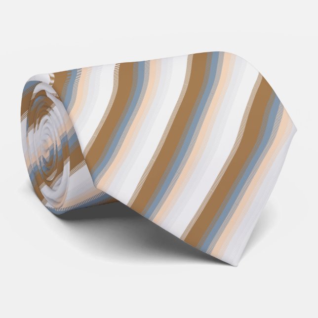 Striped Blue Grey Gray Gold Beige Brown Tan Tie (Rolled)