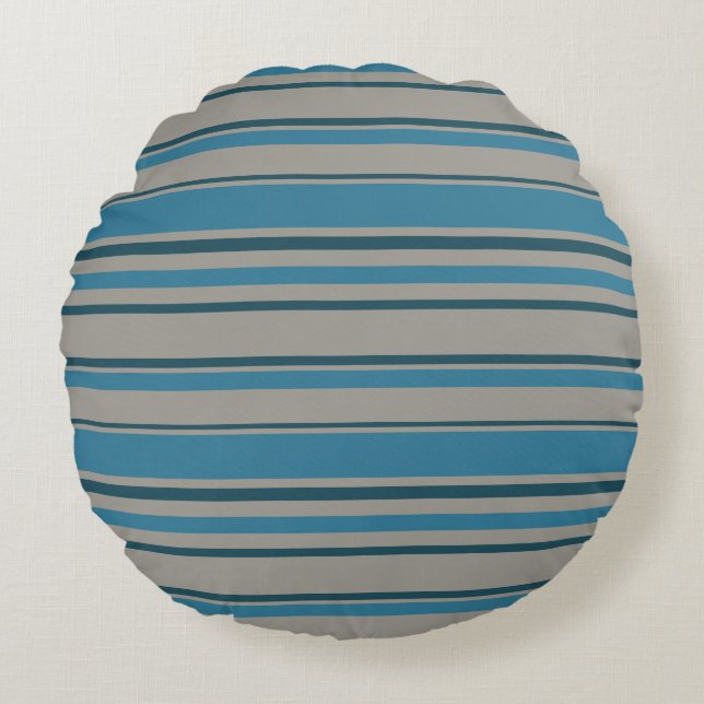 Striped blue grey round pillow (Front)