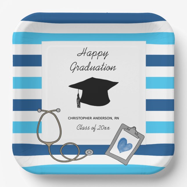 Striped Blue Nursing School Graduate Paper Plate (Front)