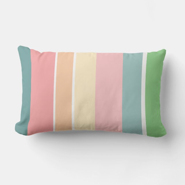 Striped Blue Pink Green Peach Stripes Outdoor Lumbar Pillow (Front)