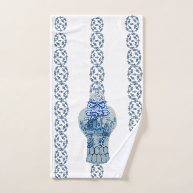 Striped Blue & White Ginger Jar Hand Towel (Hand Towel)