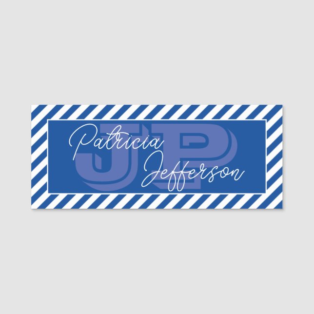Striped Blue White Unique Monogram Name Tag (Front)