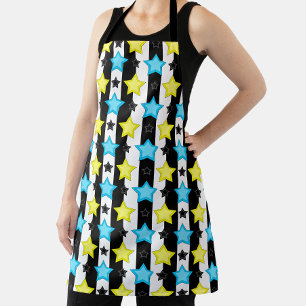 Striped Blue Yellow Stars Pattern Design Apron