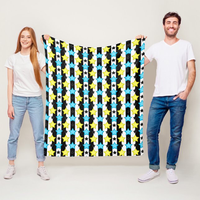 Striped Blue Yellow Stars Pattern Design  Fleece Blanket (Creator Uploaded)