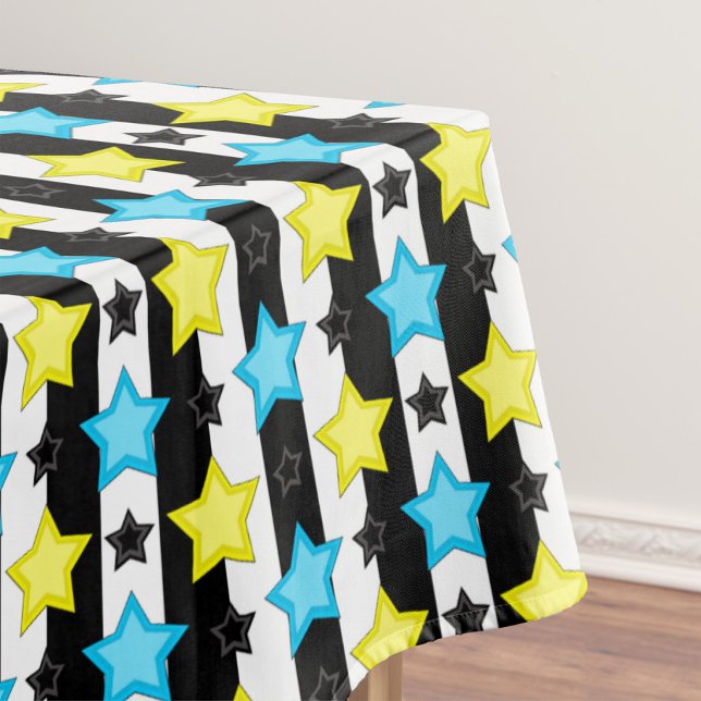 Striped Blue Yellow Stars Pattern Design  Tablecloth (Creator Uploaded)