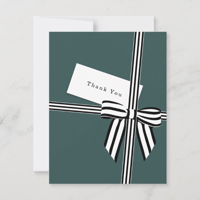 Striped Bow Flat Thank You Card Green (Front)