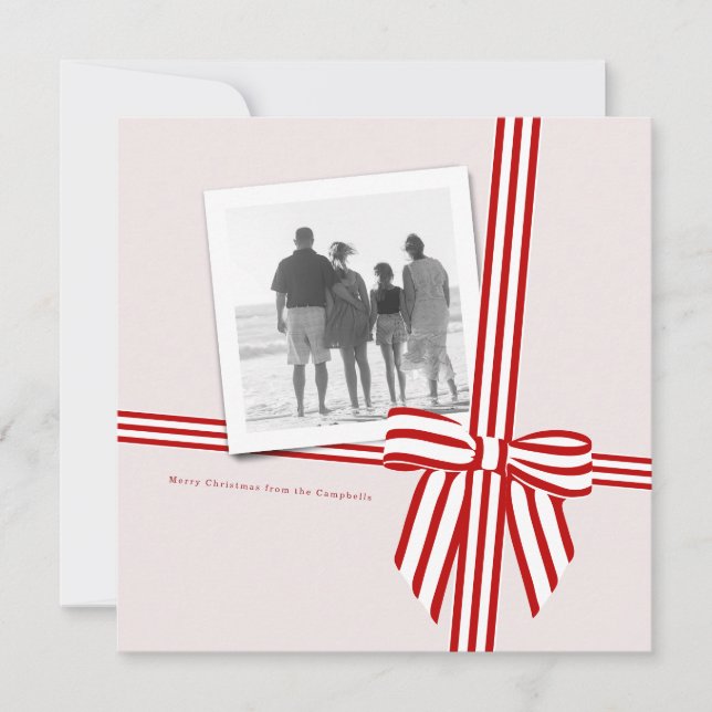 Striped Bow Square Holiday Photo Card (Front)