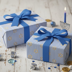 Striped Bright Blue Jewish Gold Star of David Wrapping Paper