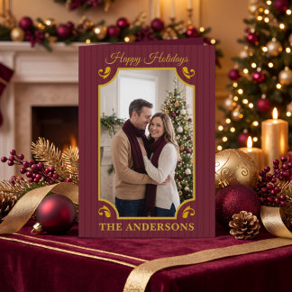 Striped Burgundy Merlot Gold Christmas Photo Holiday Card