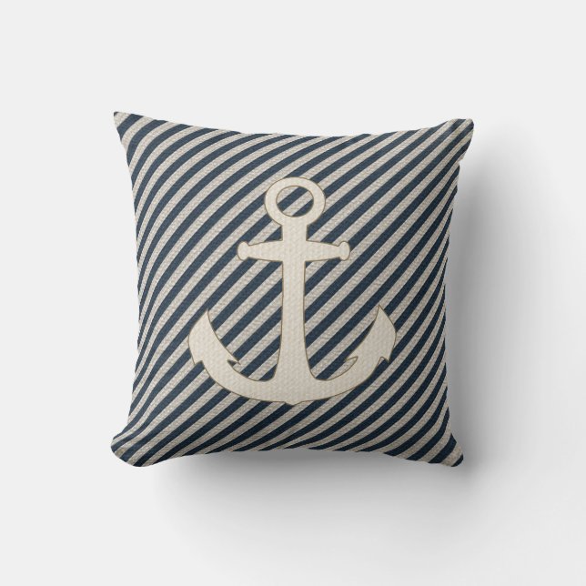 Striped Burlap Look Nautical Ship's Anchor Pillow (Front)