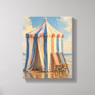 Striped Cabana at Low Tide Coastal Beach Canvas Pr Print