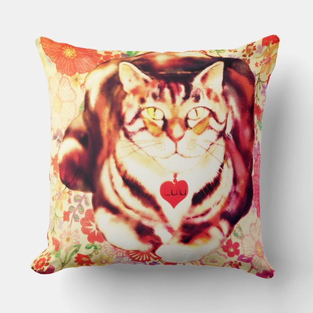 Striped Cat Art with Floral Background Throw Pillow (Front)