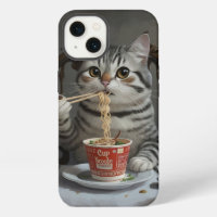 Striped Cat Enjoying Cup Noodles