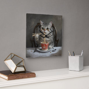 Striped Cat Enjoying Cup Noodles Square Wall Clock