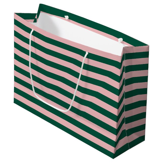 Striped Christmas Holiday Green & Pink  Large Gift Bag (Front Angled)
