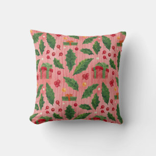 Striped Christmas Holly  Red Throw Pillow