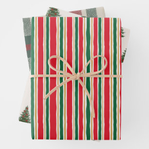 Striped Christmas Wrapping Paper, Pine Tree Paper Sheet