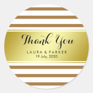 Striped Clean Brown Gold  Foil Thank You Wedding Classic Round Sticker