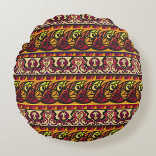 Striped colourful ethnic seamless ornament. Floral Round Pillow