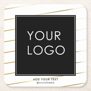 Striped Company Business Corporate Logo White  Square Paper Coaster
