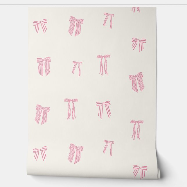 Striped Coquette Bows pink on cream Wallpaper (Unrolling)
