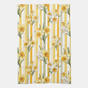 Striped Daffodil Floral Pattern Kitchen Towel