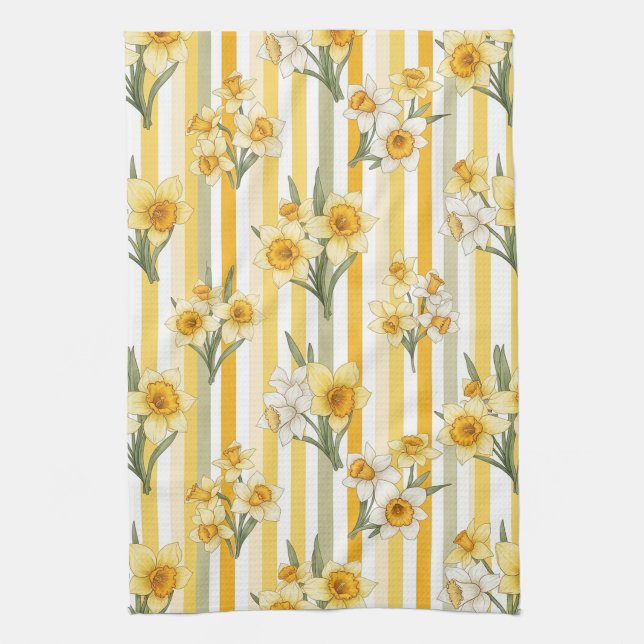 Striped Daffodil Floral Pattern Kitchen Towel (Vertical)