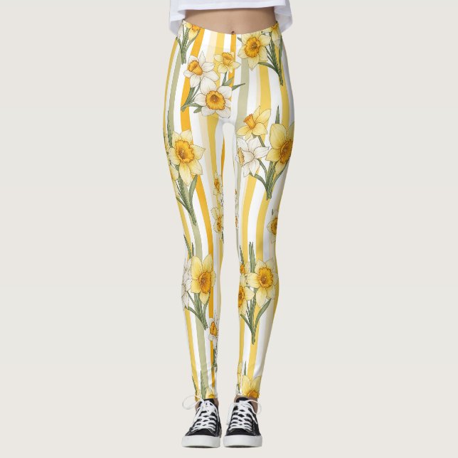 Striped Daffodil Floral Pattern Leggings (Front)