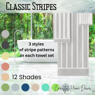 Striped Dove Grey and White with Trim Bath Towel Set