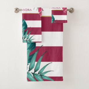Striped Exotic Flowers burgundy monogram Bath Towel Set