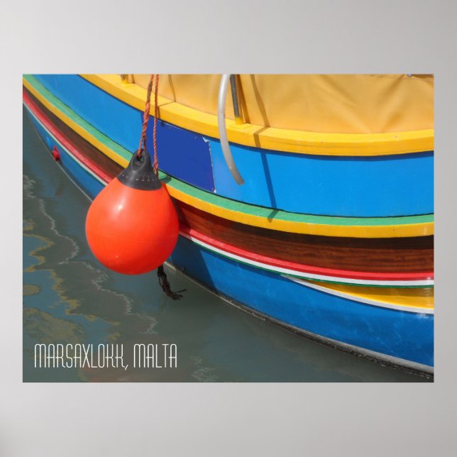 Striped Fishing Boat Marsaxlokk Harbour Malta Poster (Front)