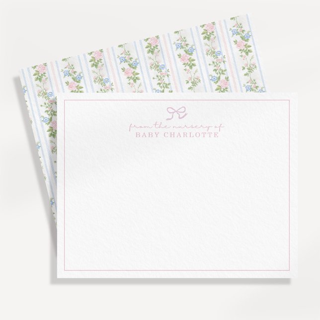 Striped floral bow nursery note card (Creator Uploaded)