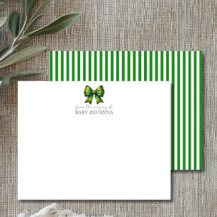 Striped Forest Green Bow Cute Nursery Note Card